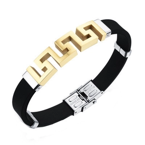 Men's titanium steel and silicone bracelet with Greek key pattern and secure folding clasp