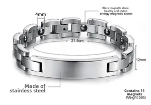 Detailweergave van 12 mm roestvrijstalen magnetische armband met 11 zwarte magneten
