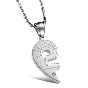 Fashionable heart shaped titanium steel pendant necklace with I LOVE engraving and crystal