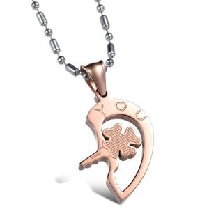 Fashion heart shaped stainless steel couple necklace with clover design and I Love U engraving