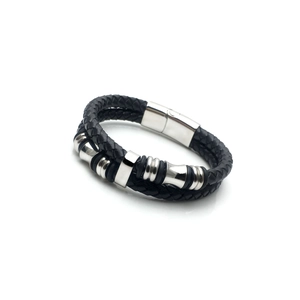 Herren Armband aus zweilagigem schwarzem Ledergeflecht mit Magnetverschluss aus Edelstahl