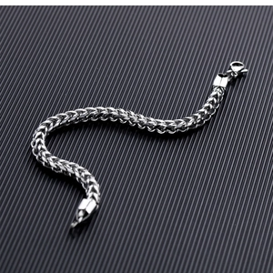 Detailed macro view of the silver stainless steel Franco chain link with lobster clasp