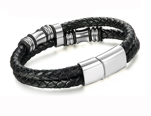 Herren Armband aus zweilagigem schwarzem Leder mit Magnetverschluss aus Edelstahl