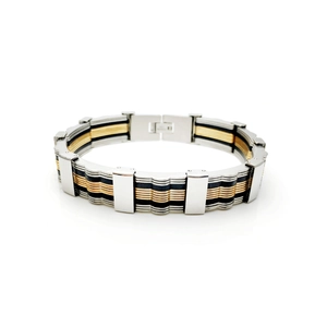 Detail of industrial stainless steel bracelet with silver, gold, and black links