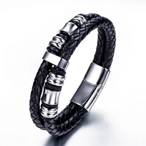 Herren Armband aus zweilagigem schwarzem Ledergeflecht mit silbernem Magnetverschluss