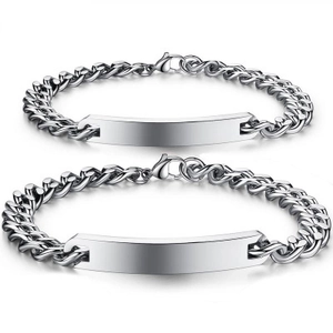 Bracelet d'Identité en Acier Titane Minimaliste pour Couples Chaîne à Maillons Cubains Polis Plaque à Graver Personnalisée Bijoux Homme Femme Cadeau