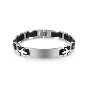 Close-up of a men's silicone titanium steel bracelet with polished metal plate and matte links