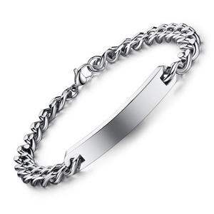 Bracelet gourmette en acier inoxydable argenté poli avec plaque métallique personnalisable