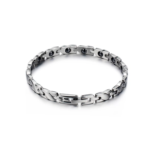 Polished silver magnetic therapy bracelet with rectangular links and folding clasp