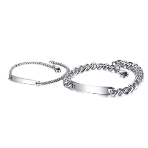 Ensemble de bracelets de couple en acier poli avec gourmette et plaque ID lisse