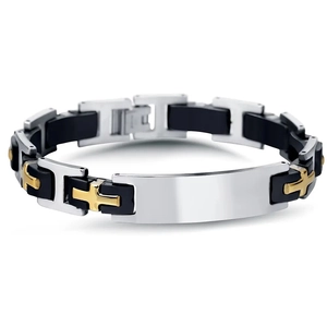 Men's titanium steel and black silicone bracelet with a polished gold cross and metal plate