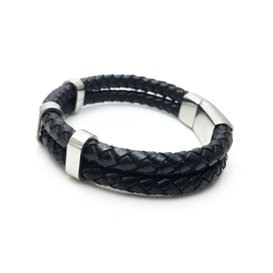 Men's double-layer braided leather bracelet with silver magnetic stainless steel clasp