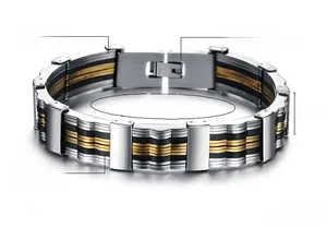 Detail of 14mm men's stainless steel and silicone bracelet with industrial punk design