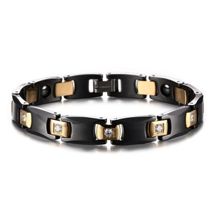 Bracelet Magnétique de Luxe pour Hommes en Céramique Acier Inoxydable Plaqué Or Incrusté de Zirconia Hématite Bijoux de Santé