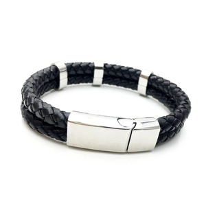 Men's braided black leather bracelet with polished silver stainless steel metal clasp