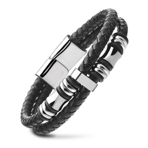 Bracelet double tour en cuir tressé noir pour homme avec fermoir magnétique en acier