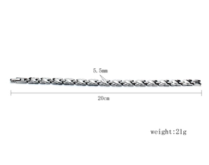 Polished silver magnetic health bracelet with cross links, 5.5mm wide and 20cm long