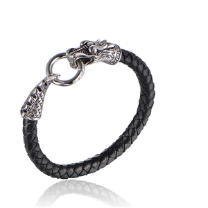 Bracelet pour homme en cuir tressé noir avec fermoir anneau en tête de dragon argenté