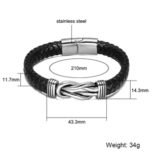 Detailed specs of men's braided leather bracelet with stainless steel magnetic clasp