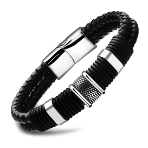 Detail of men's braided leather bracelet with stainless steel magnetic buckle and metal rings
