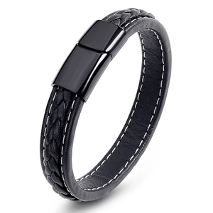 Men's Minimalist Black Braided Leather Bracelet With Stainless Steel Magnetic Clasp White Stitching Double Layer Fashion Wristband Jewelry