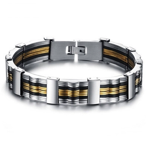 Men's tri-color stainless steel silicone bracelet with gold and silver link design