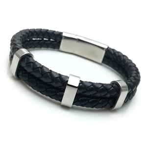 Men Braided Leather Bracelet Stainless Steel Magnetic Clasp Double Layer Personalized Bangle Jewelry Birthday Gift For Him