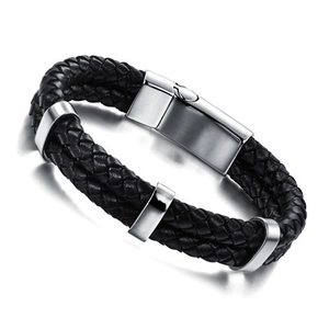 Men's double-layered braided black leather bracelet with brushed stainless steel clasp
