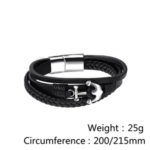 Multi-layer black braided leather bracelet with silver anchor charm and magnetic clasp