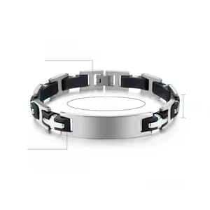 Detail of men's silicone steel bracelet with 12mm plate and 22cm length dimensions