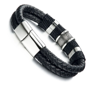 Detail of men's double-layer braided leather bracelet with silver magnetic buckle and beads
