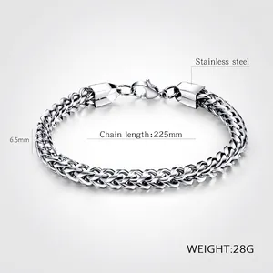 Polished silver stainless steel braided chain bracelet for men, 6.5mm width, 225mm length