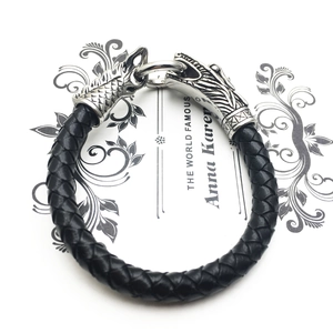 Bracelet classique en cuir tressé pour homme avec fermoirs doubles têtes de dragon vintage