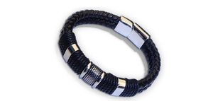 Detail view of black braided leather bracelet for men with polished metal magnetic clasp