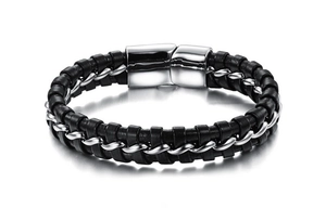 Bracciale da Uomo Trendy in Vera Pelle Intrecciata Con Chiusura Magnetica in Acciaio Inossidabile Nero Argento Gioielli da Regalo
