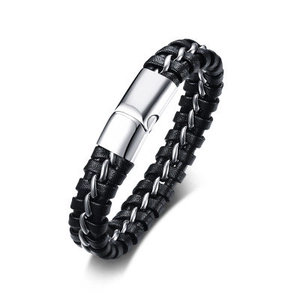 Bracciale da uomo in pelle nera intrecciata con catena d'argento e chiusura in metallo
