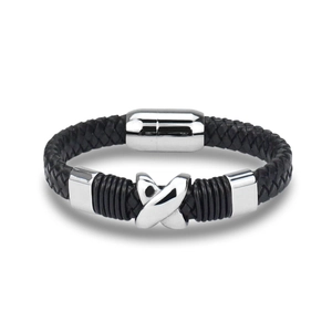 Detail of men's braided leather bracelet with silver magnetic clasp and X-metal accent