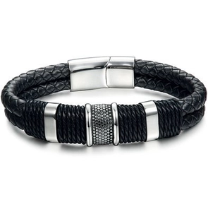 Men's Braided Leather Bracelet With Stainless Steel Magnetic Clasp Double Layer Cord Wristband Jewelry For Boyfriend Gift