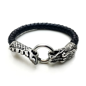 Bracelet pour Homme Vintage Dominant Tête de Dragon Cuir Tressé Fermoir en Alliage Rétro Bracelet en Corde Noire Accessoire Bijoux Mode