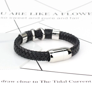 Retro black braided leather bracelet for men with polished metal magnetic clasp