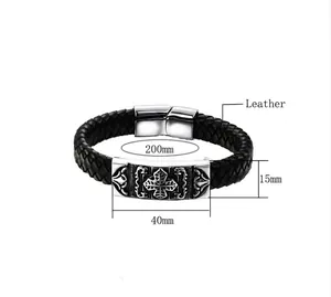 Bracelet tressé en cuir noir pour homme avec croix argentée gravée, longueur 200mm