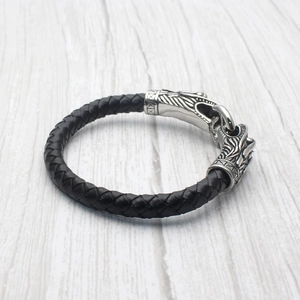 Men's black braided leather bracelet with vintage stainless steel dragon head clasp