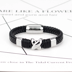 Men's vintage braided black leather bracelet with silver X-shaped metal magnetic clasp