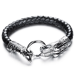 Bracelet classique en cuir tressé pour homme avec têtes de dragon et fermoir anneau