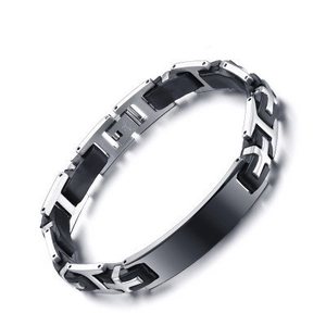Men's stylish industrial black silicone and silver stainless steel link bracelet