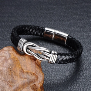 Mens black braided leather bracelet with silver nautical clasp and polished steel finish