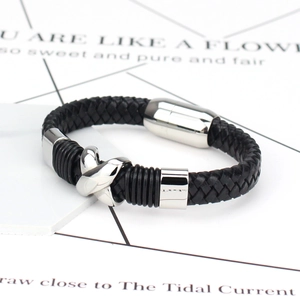 Men's vintage braided black leather bracelet with silver magnetic buckle and metal knot