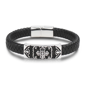 Bracelet Homme en Cuir Tressé Rétro Avec Plaque Métallique en Acier Inoxydable Croix Foi Religieuse Bijoux Cadeau Pour Hommes