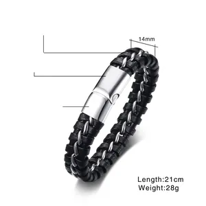 Bracciale da uomo in pelle intrecciata con chiusura magnetica in acciaio, 14 mm