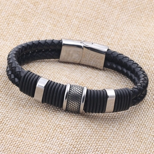 Braided black leather men's bracelet with silver stainless steel magnetic clasp